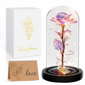 Childom rainbow rose in glass dome with LED illumination for lasting decor