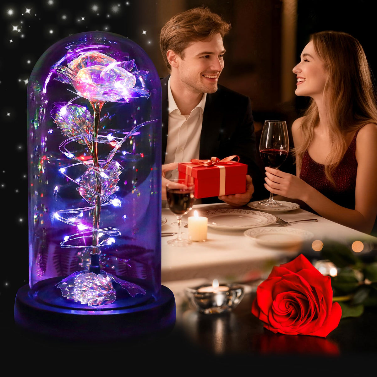 Childom rainbow rose under LED light brightens a desk or nightstand