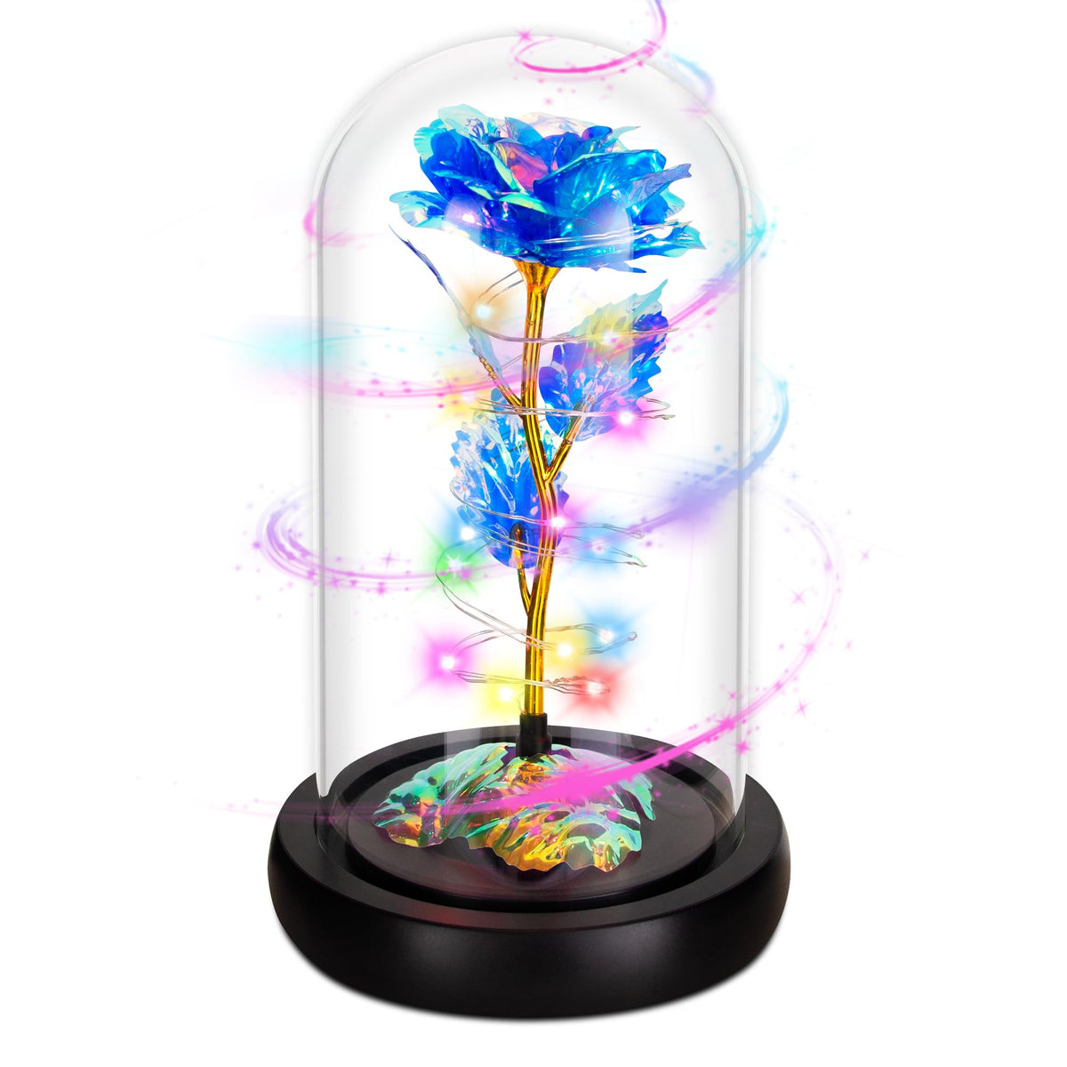 Childom rotating blue rose in a glass dome with LED lights for lasting ambiance