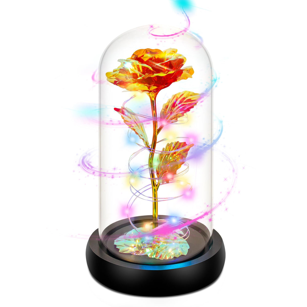 Childom rotating red rose in a glass dome with LED lights for lasting ambiance.