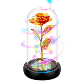 Childom rotating red rose in a glass dome with LED lights for lasting ambiance.