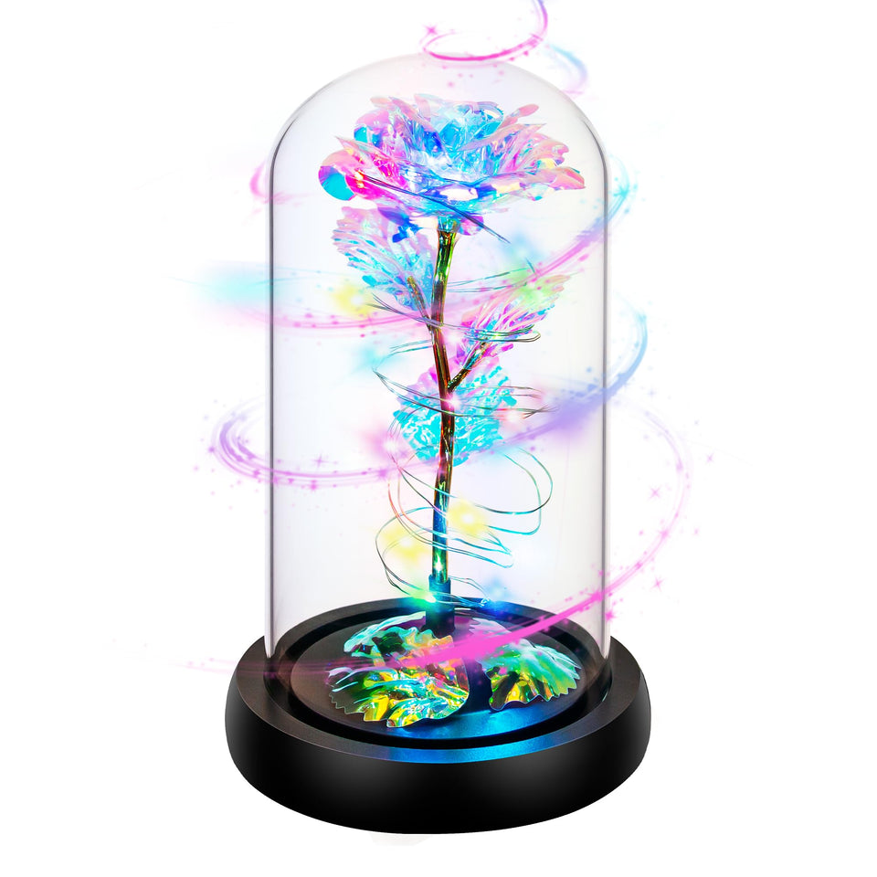 Childom rotating rose in a glass dome glows as a timeless keepsake
