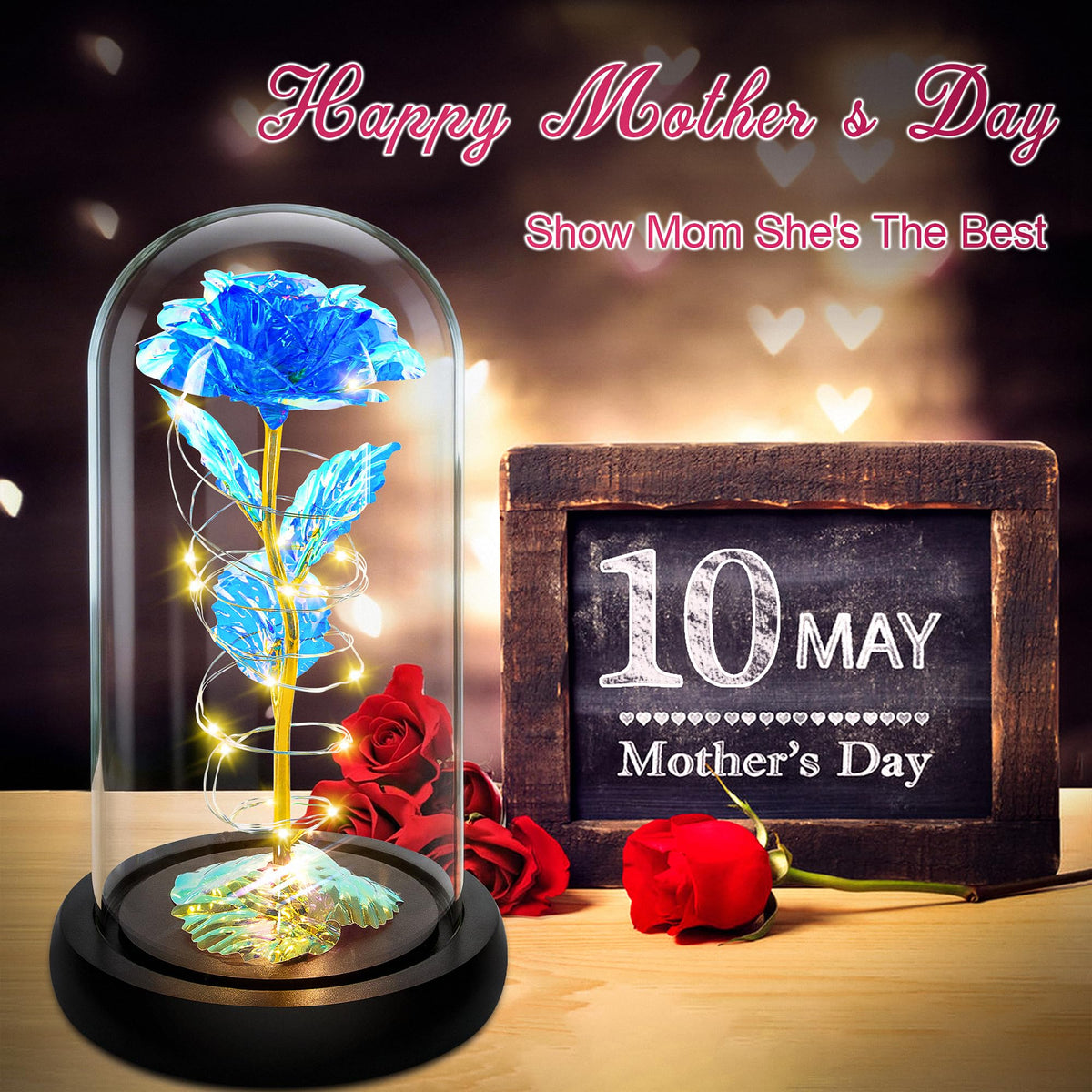 Childom Mothers Day gift card with blue rose—timeless elegance.