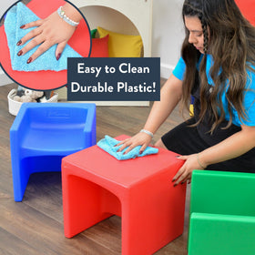 Children's Factory cube chair doubles as a compact table for crafts and reading.