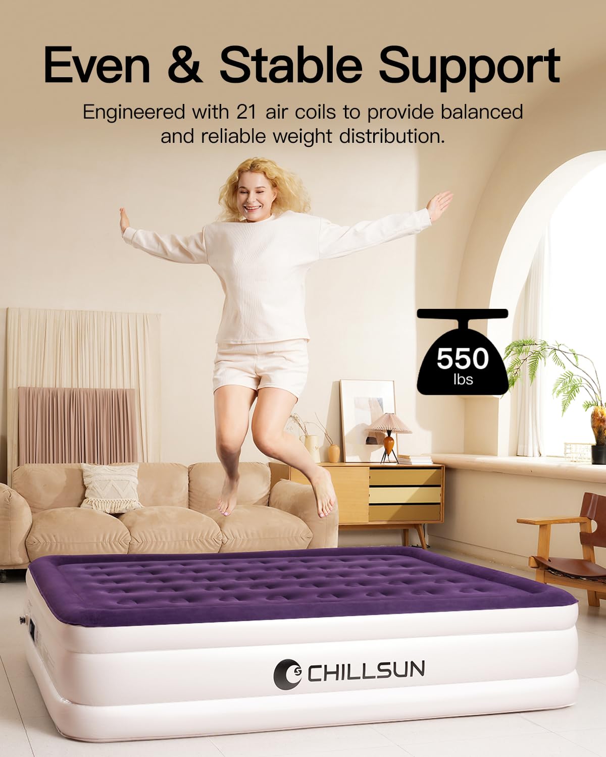 CHILLSUN twin mattress supports up to 550 pounds for guests.