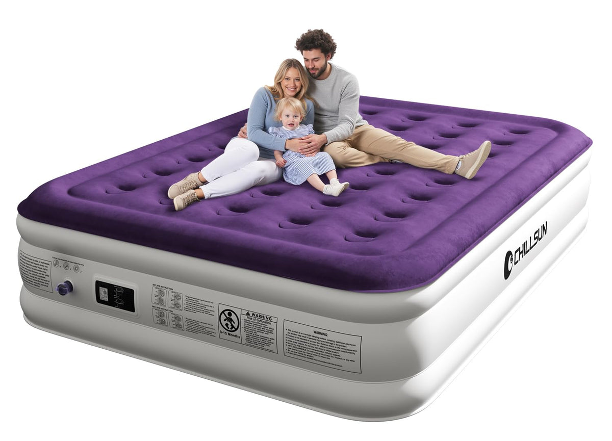 CHILLSUN Queen air mattress with built-in pump shows quick setup for guests.