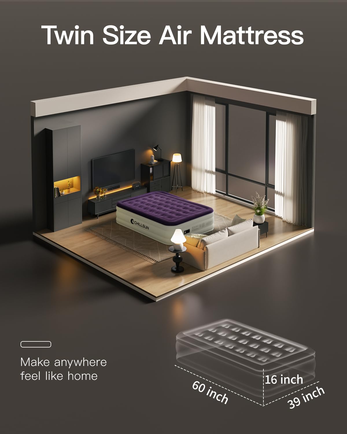CHILLSUN twin air mattress 16-inch elevated design for stable sleep outdoors or indoors.