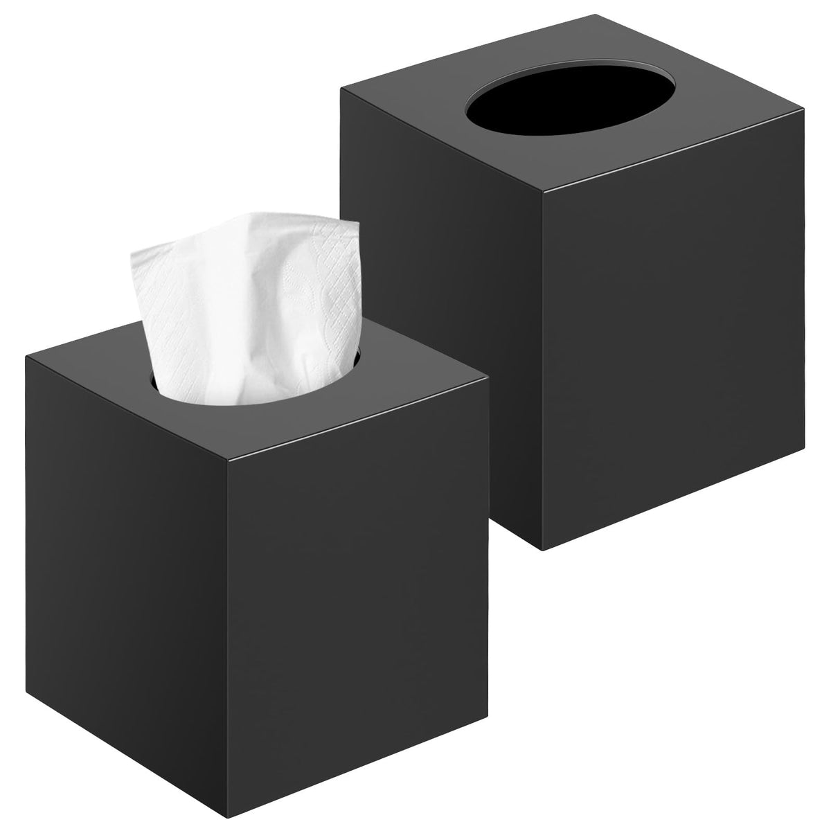 Chintu 2 Pack Black Square Acrylic Tissue Box Cover keeps tissues accessible on desk.