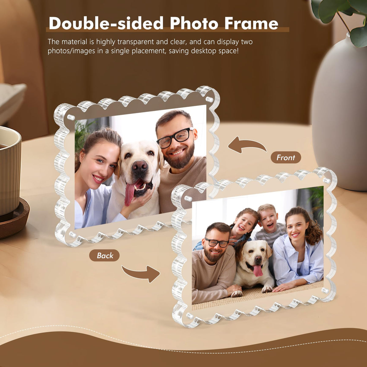 Chivalral double-sided clear frame ideal for desktop or shelf displays.
