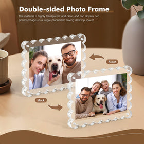 Chivalral double-sided clear frame ideal for desktop or shelf displays.