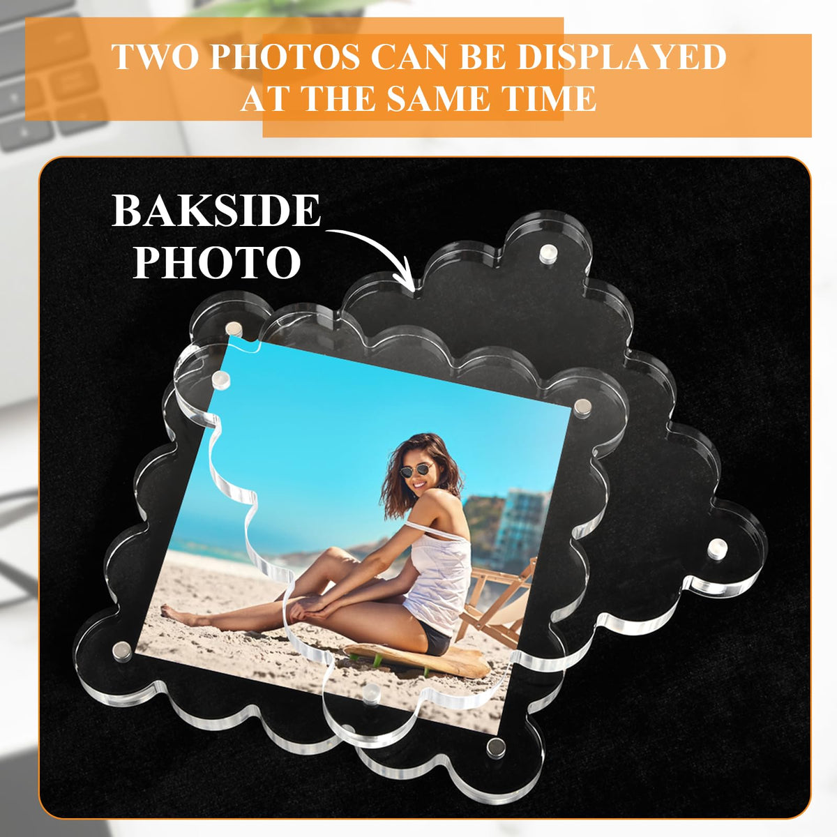 Chivalral freestanding portrait display keeps photos secure.