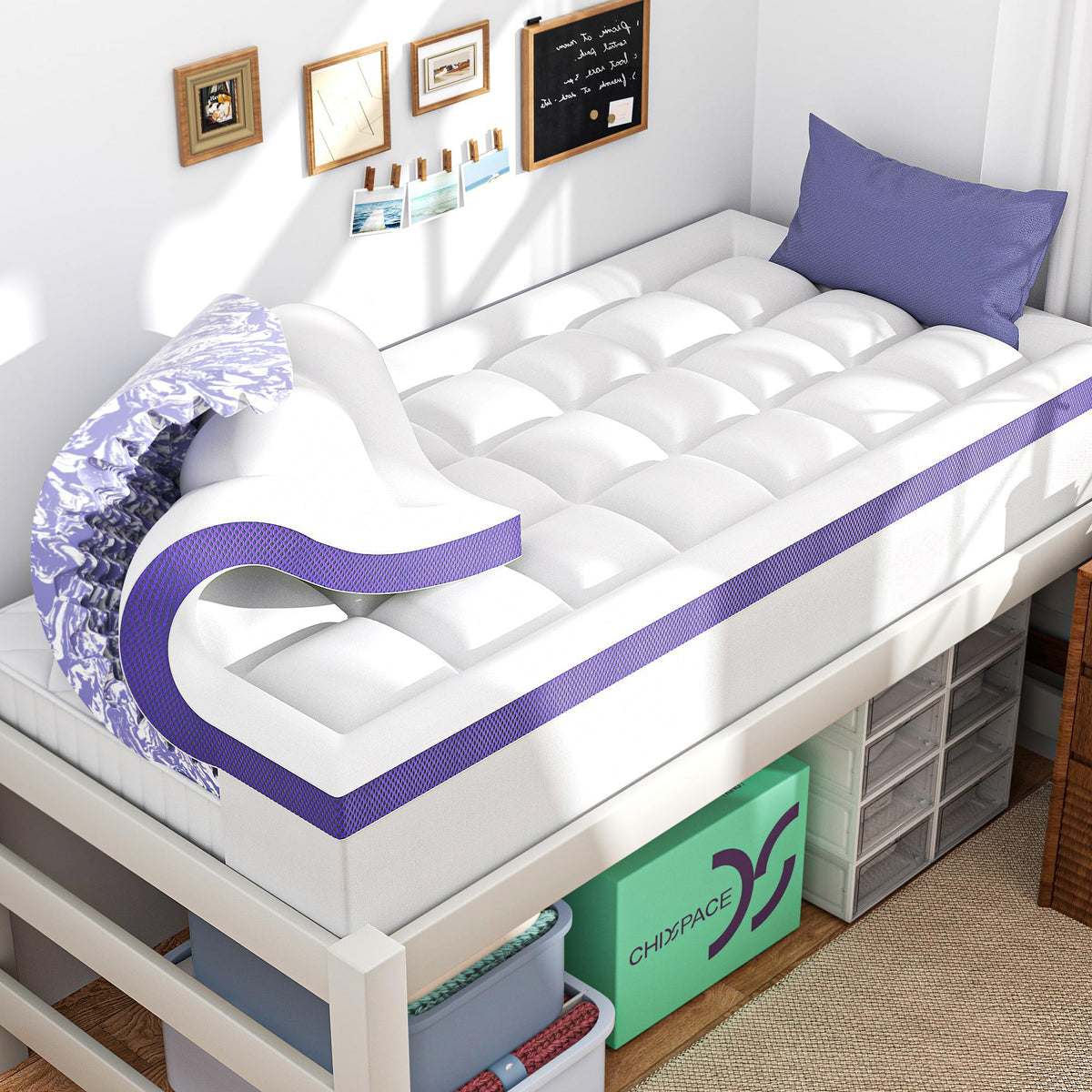 ChiXpace dual-layer topper close-up shows cooling gel foam for restful nights.