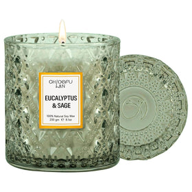 Chloefu LAN Eucalyptus & Sage candle in glass creates a fresh, calming ambiance.