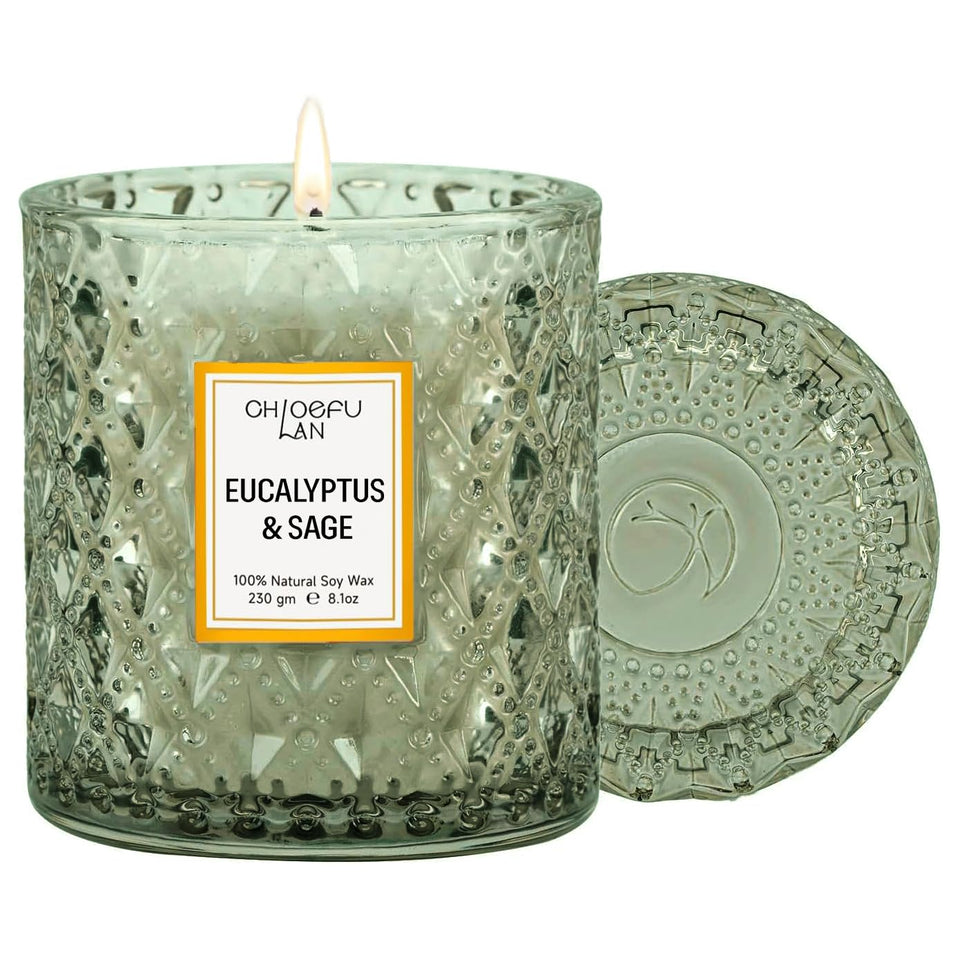 Chloefu LAN Eucalyptus & Sage candle in glass creates a fresh, calming ambiance.