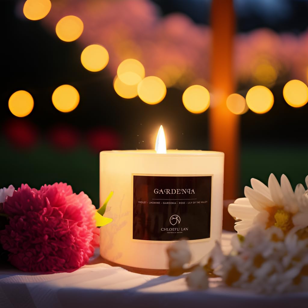 Chloefu LAN Gardenia candle with soy wax label emphasizes natural composition.