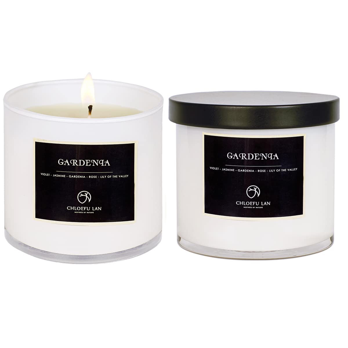 Chloefu LAN Gardenia candle in white jar fills room with lush gardenia aroma.