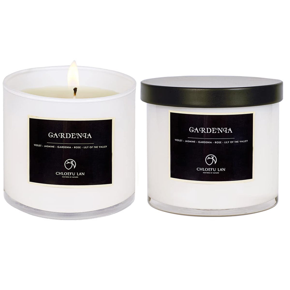 Chloefu LAN Gardenia candle in white jar fills room with lush gardenia aroma.