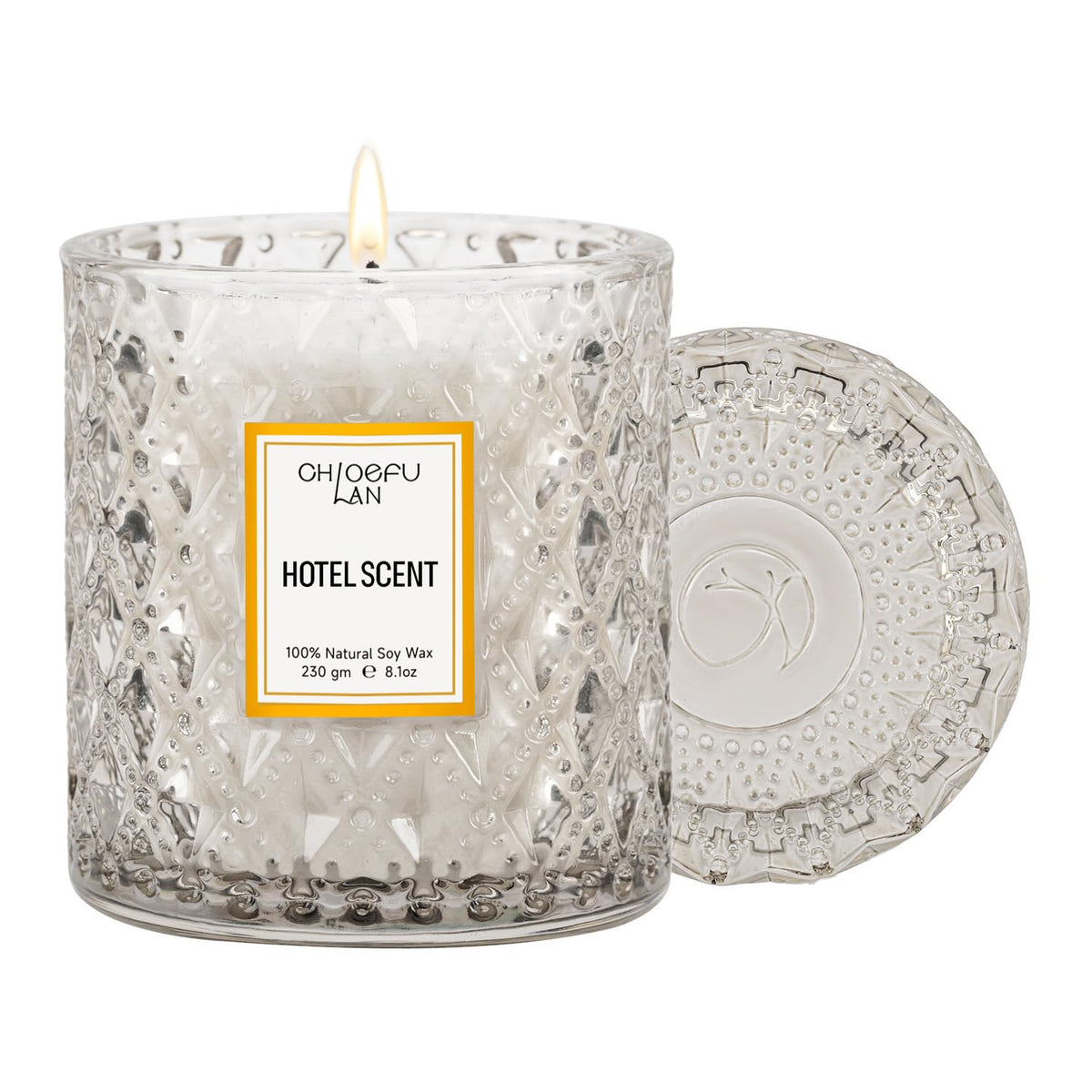 Chloefu LAN hotel-scented candle in a grey container creates a refined ambiance with a welcoming hotel aroma.
