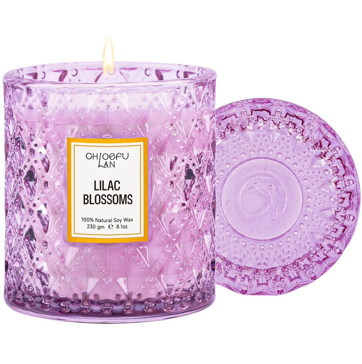 Chloefu LAN Lilac Blossoms candle closeup shows clean soy burn for cozy nights