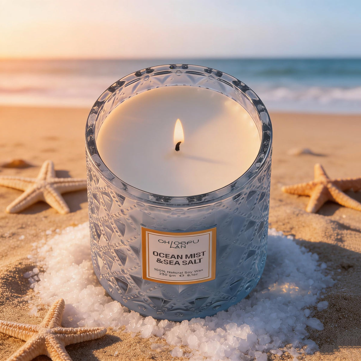 Chloefu LAN Ocean Candle ambiance in bedroom for relaxing atmosphere.