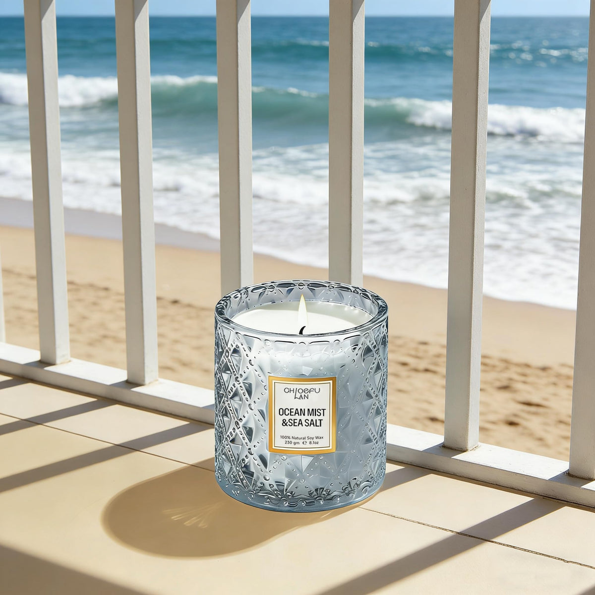 Chloefu LAN Ocean Candle front view highlights the premium blue jar design.
