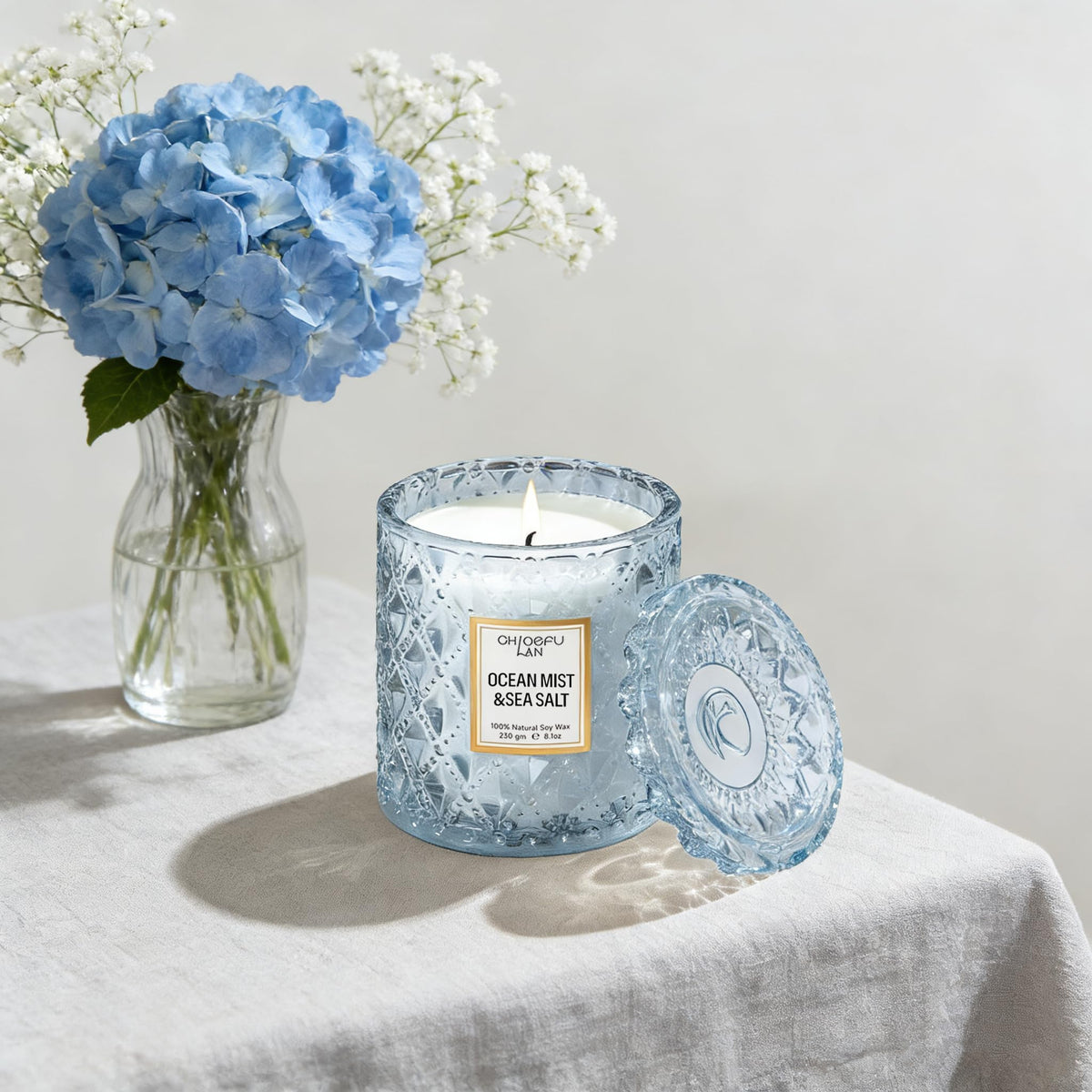 Chloefu LAN Ocean Candle soy wax candle in 8.1 oz jar with clean burn.