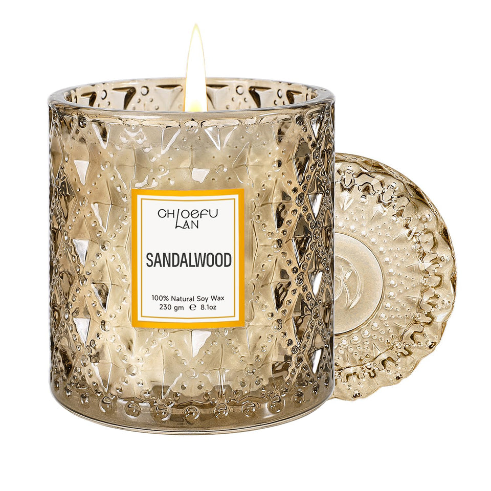 Chloefu LAN sandalwood candle jar emits a warm, inviting glow for cozy spaces.