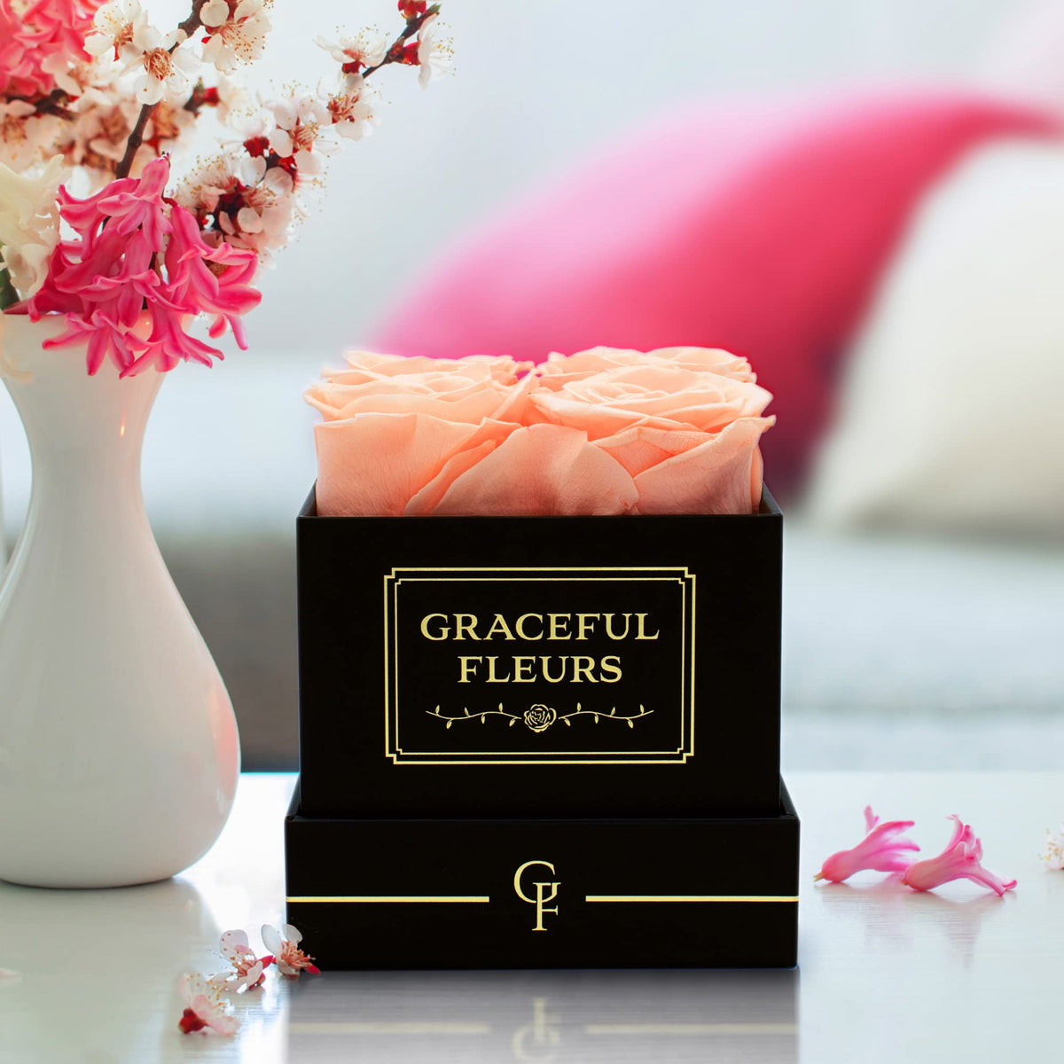 Chloe's Graceful Fleurs delivery-ready preserved roses needing no maintenance.