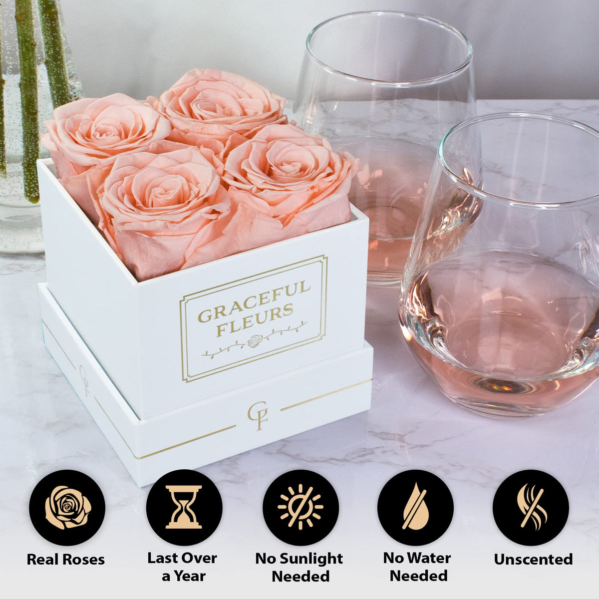 Light peach Graceful Fleurs roses in square white gift box, perfect for birthdays