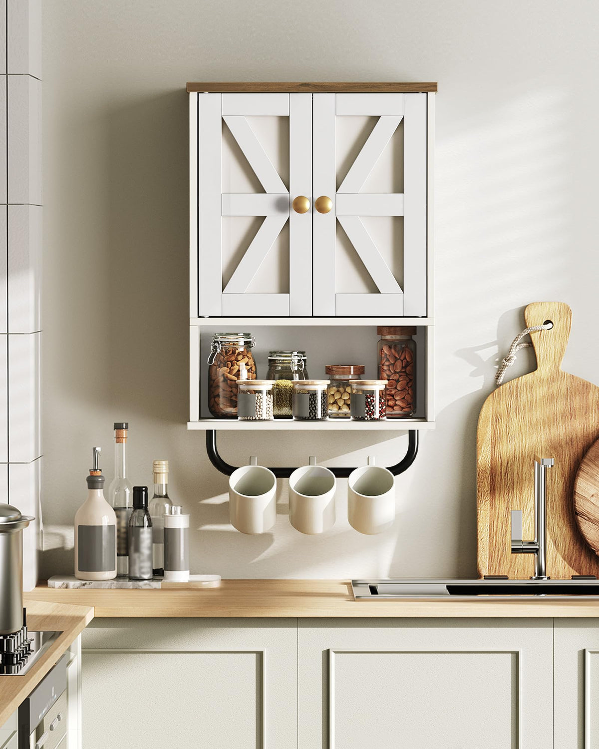 White and walnut finish elevates bathroom aesthetics with warm contrast