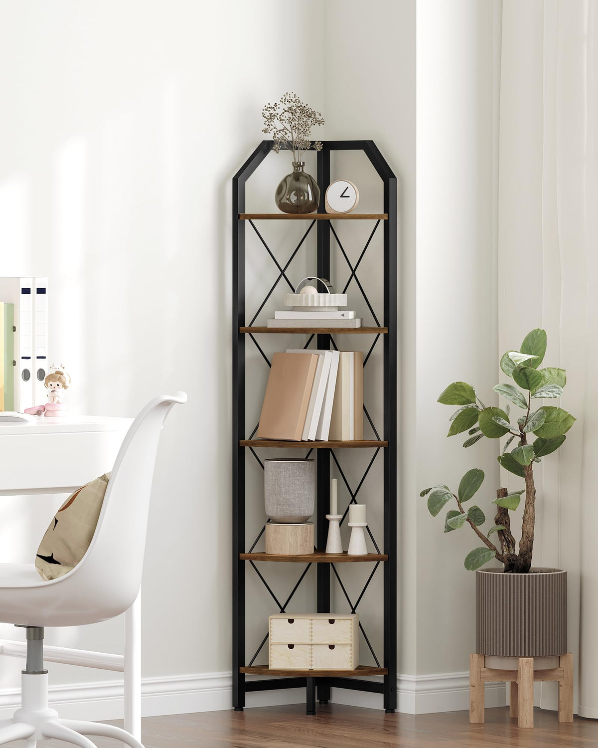 CHOEZON corner shelf shows wood and metal construction for sturdy support