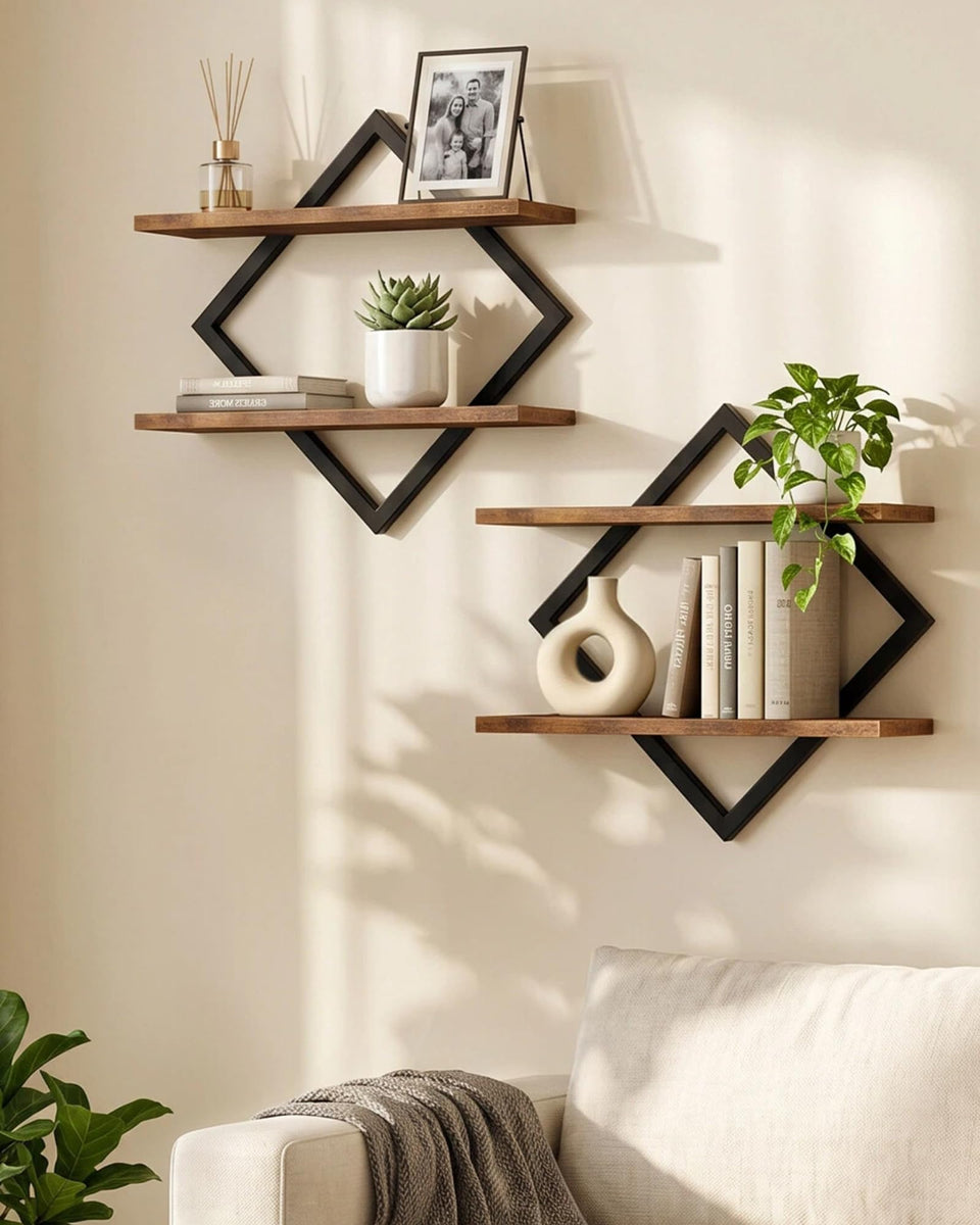 CHOEZON floating shelves with diamond design for chic living room storage.