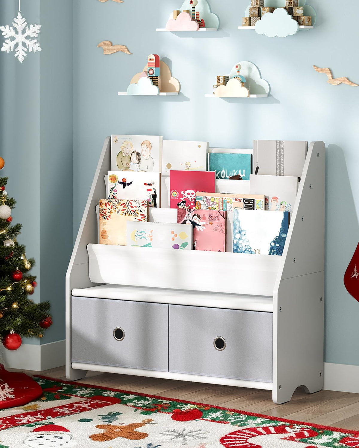 CHOEZON kids bookshelf with sling pockets for easy organization of books and toys.