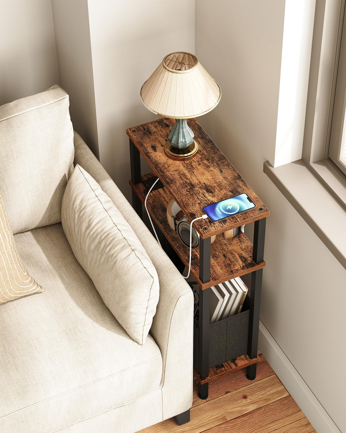 CHOEZON narrow side table with charging station shows USB and socket outlets for devices