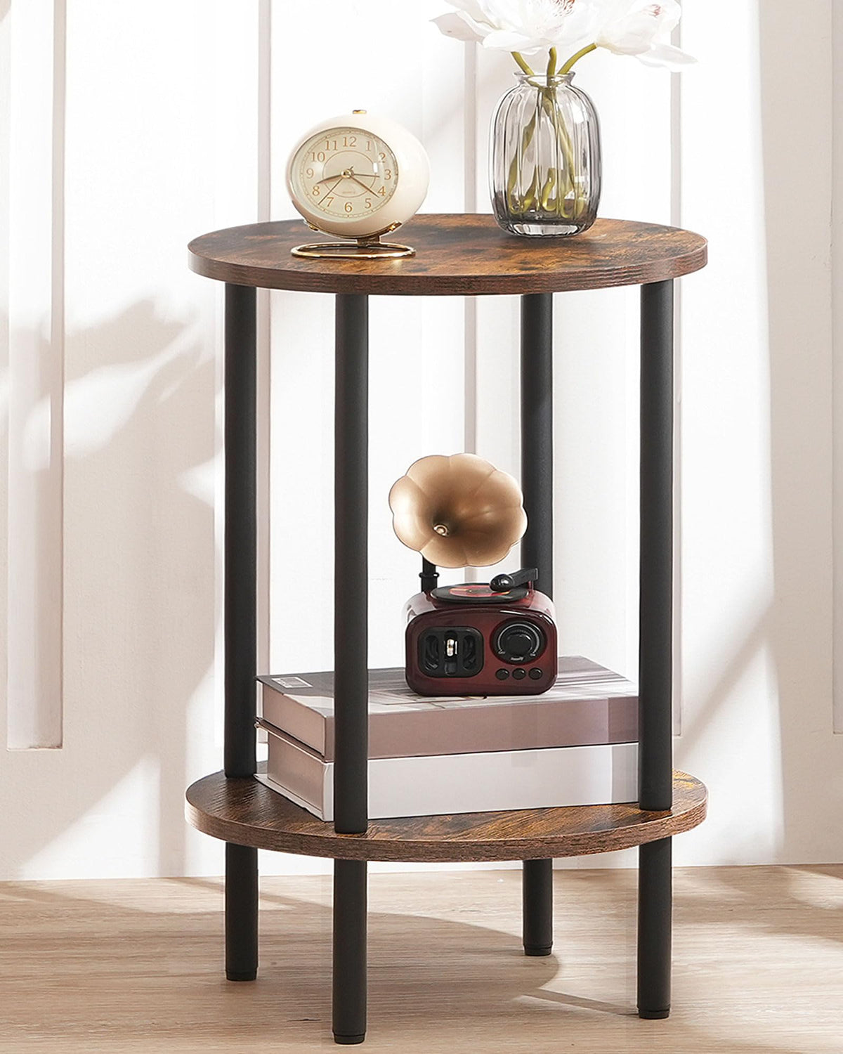 CHOEZON TBZ01BF round side table top view with rustic brown finish for living room display