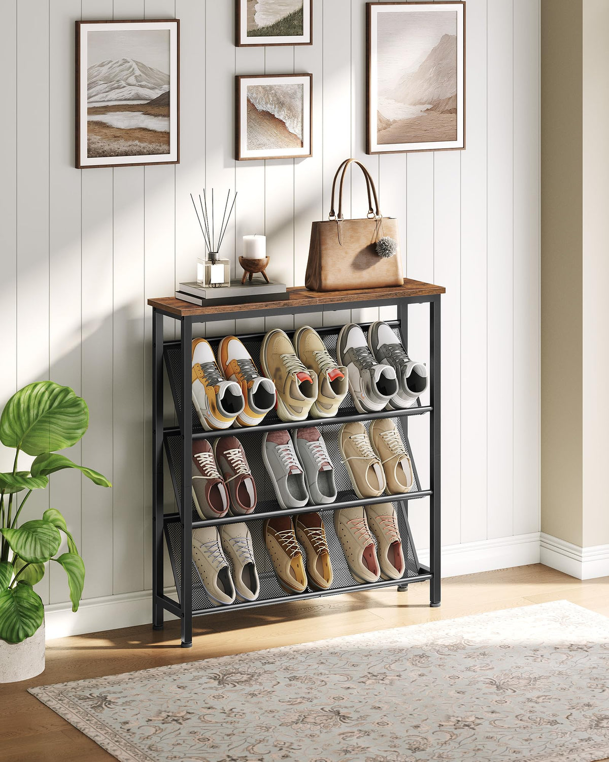 CHOEZON shoe rack top area with decor items showing display versatility
