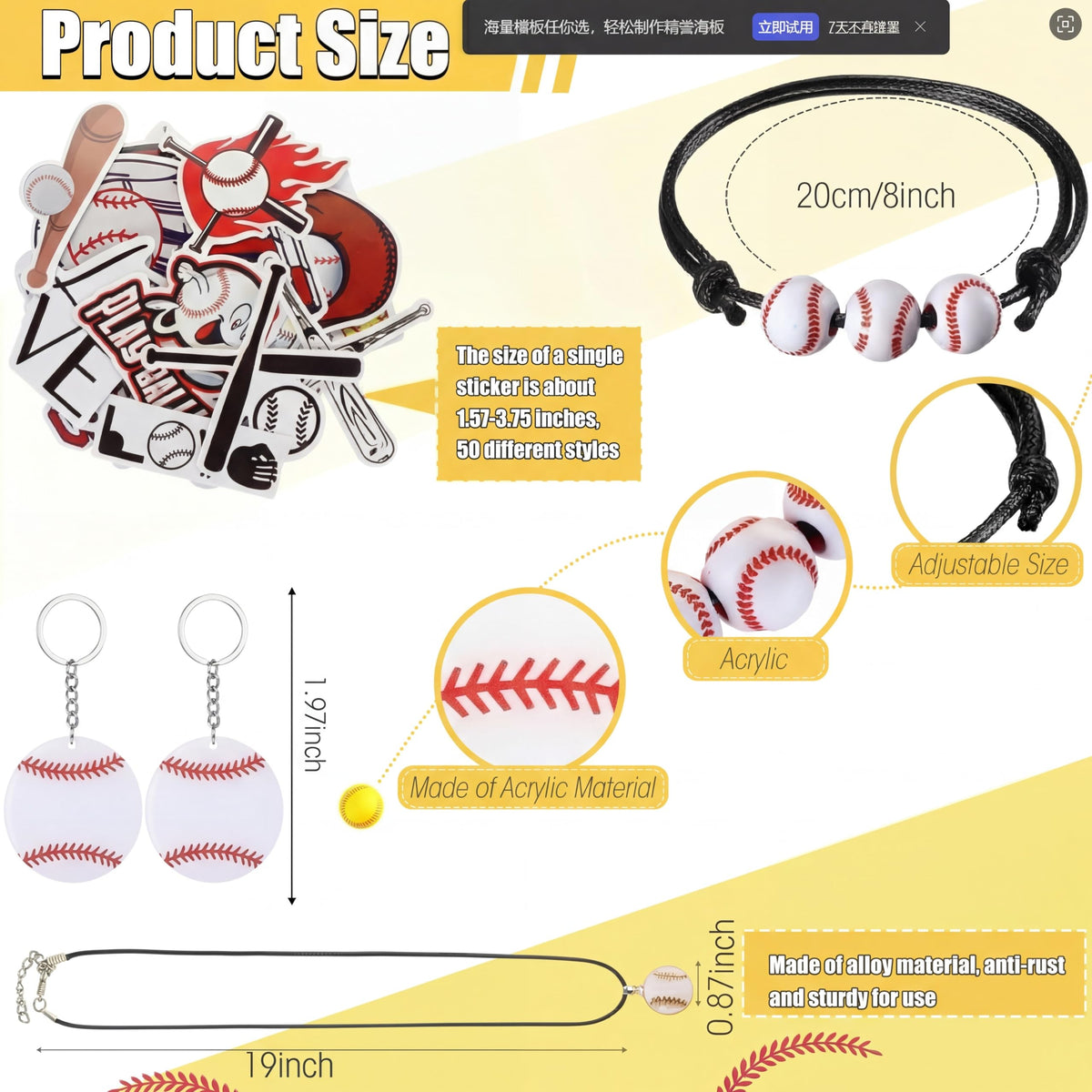 Cholemy baseball charm bracelet, adjustable and sturdy