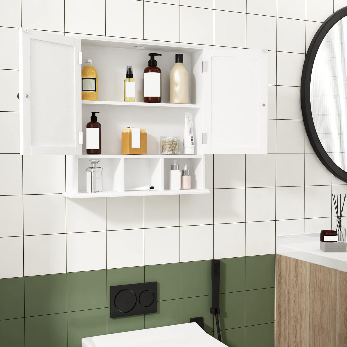 ChooChoo bathroom cabinet open shelves display towels and decor neatly.
