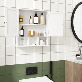 ChooChoo bathroom cabinet open shelves display towels and decor neatly.