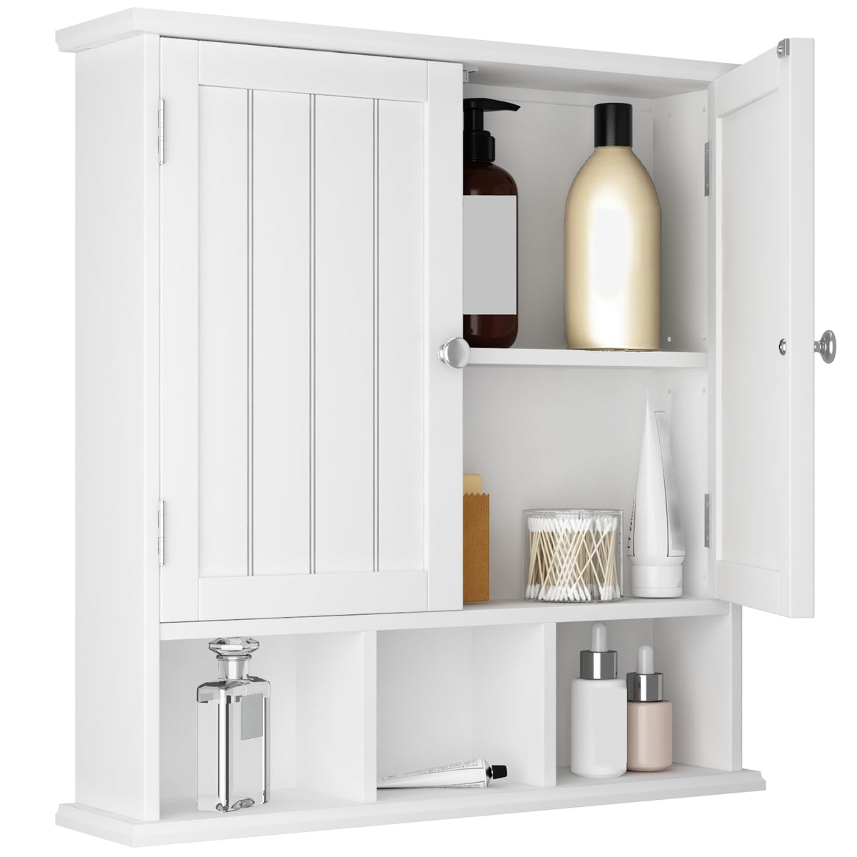 ChooChoo bathroom cabinet two-door closed hides toiletries for a tidy bathroom.