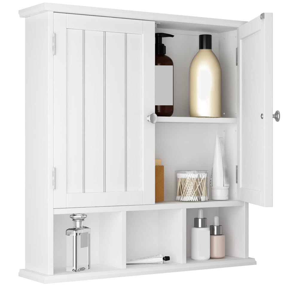 ChooChoo bathroom cabinet two-door closed hides toiletries for a tidy bathroom.