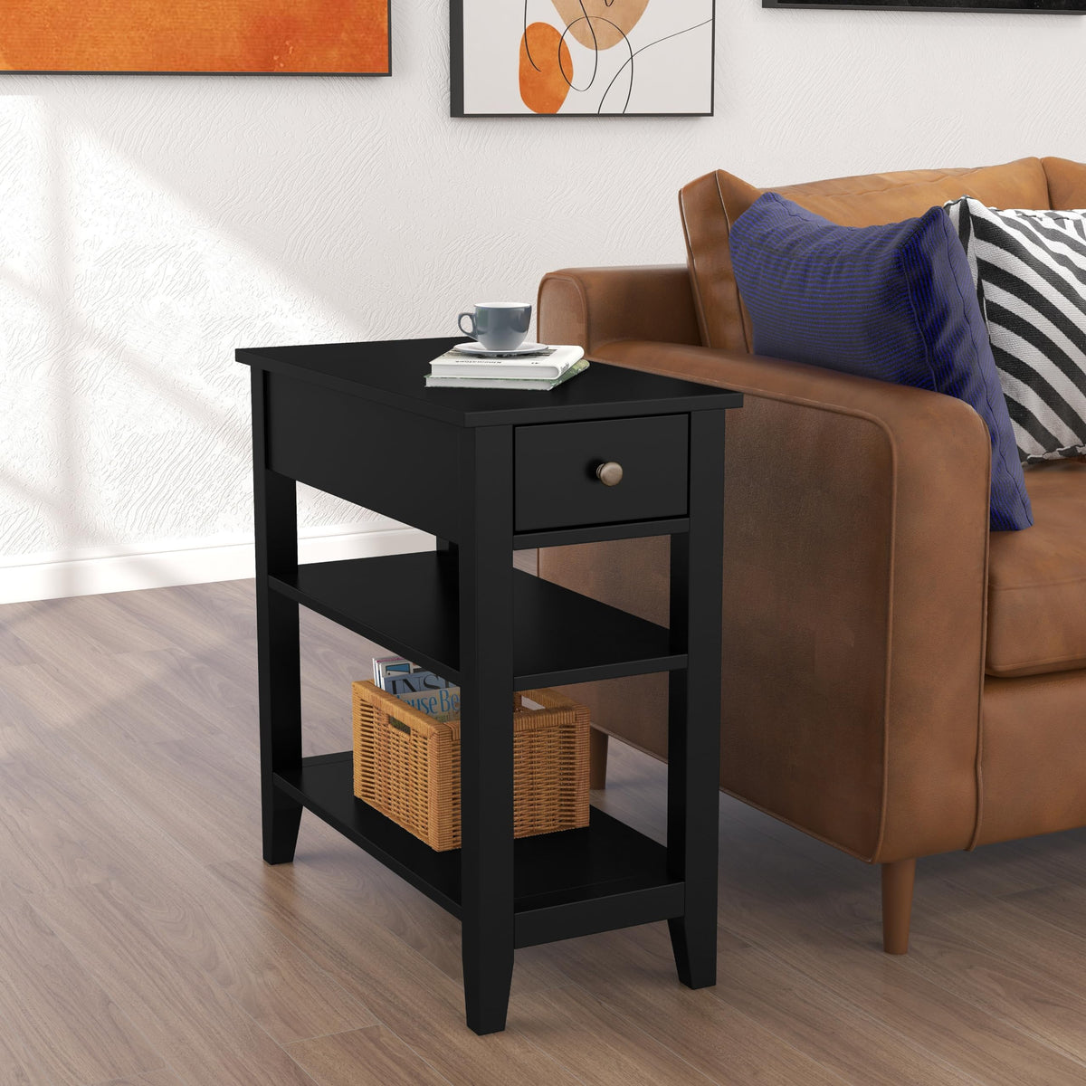 ChooChoo side table drawer shelves highlight two open shelves for remotes and decor.