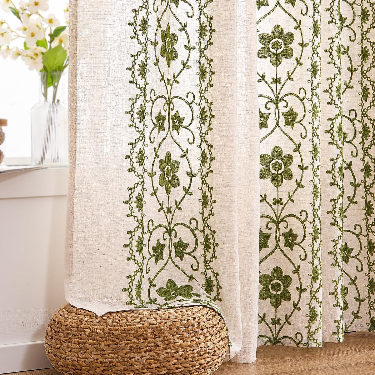 Chorowl Sage Green curtains grommets closeup for easy installation.