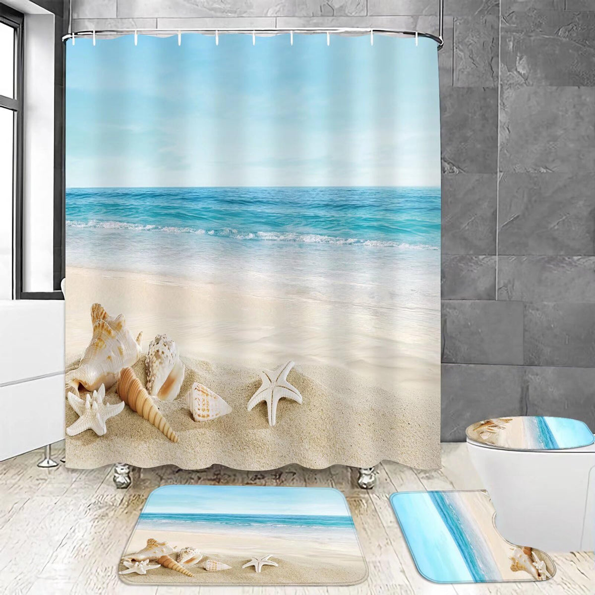 Chrainy shower curtain with waterproof fabric for quick drying in busy bathrooms.