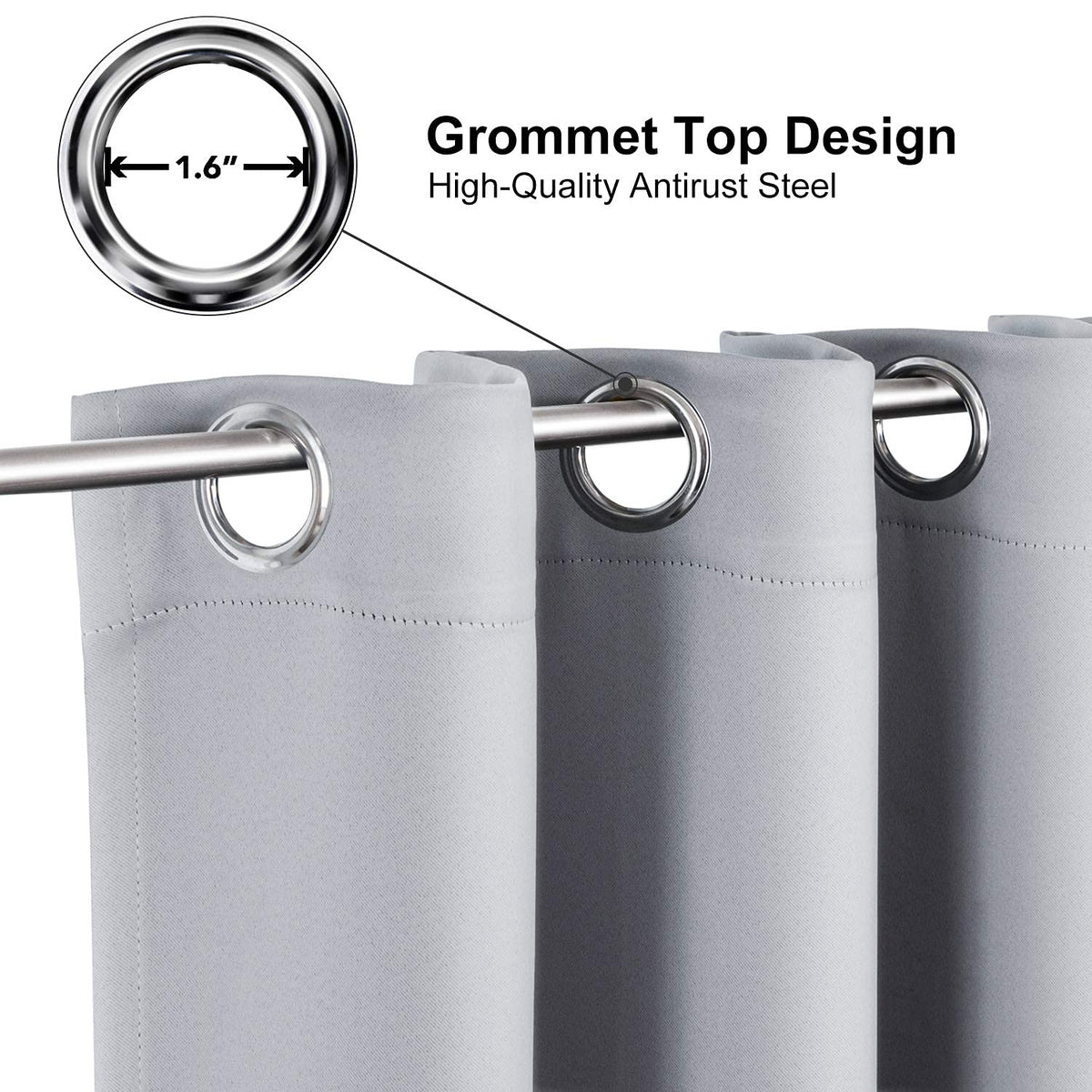 ChrisDowa curtains showing six silver grommets for smooth opening and durability.