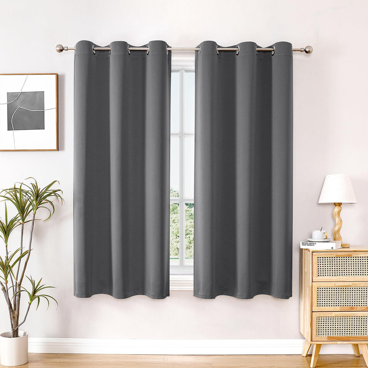 ChrisDowa blackout curtains 63-inch two-panel set in bedroom view, modern and minimal.