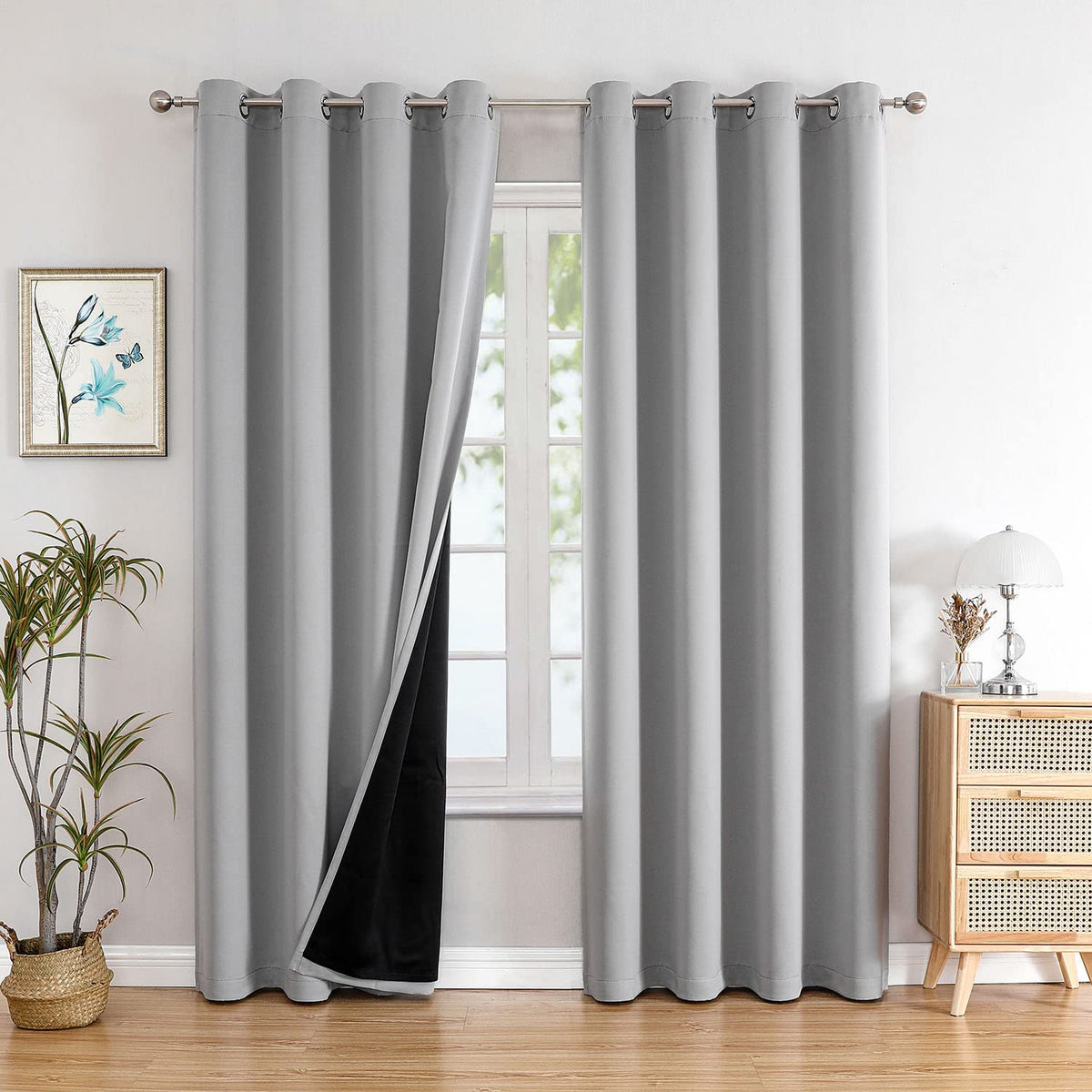 ChrisDowa blackout curtains front view in light gray blocking daylight