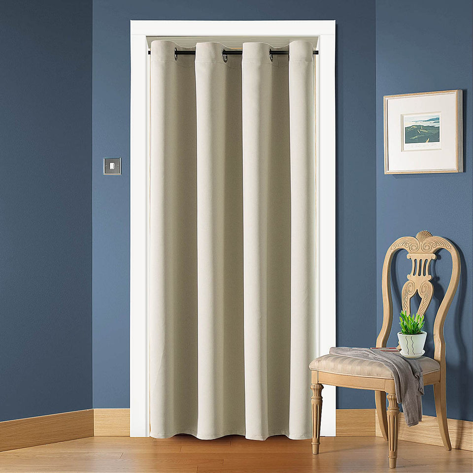 ChrisDowa blackout door curtain beige panel with 6 silver grommets for privacy and light control.