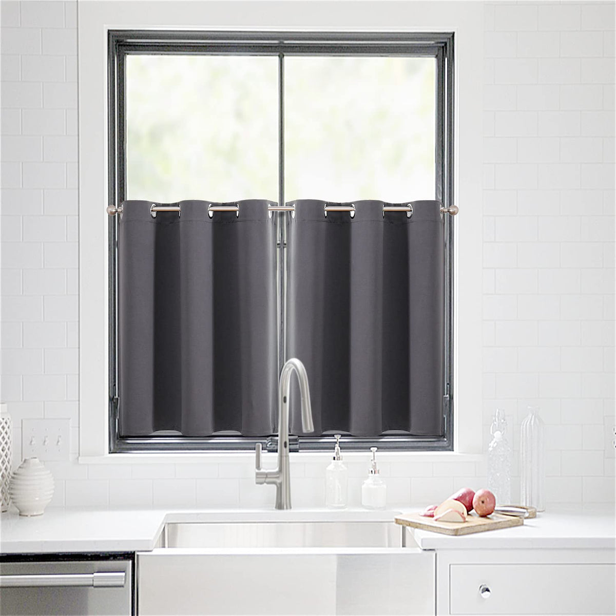 ChrisDowa dark grey fabric curtains displayed on a window for a sleek look