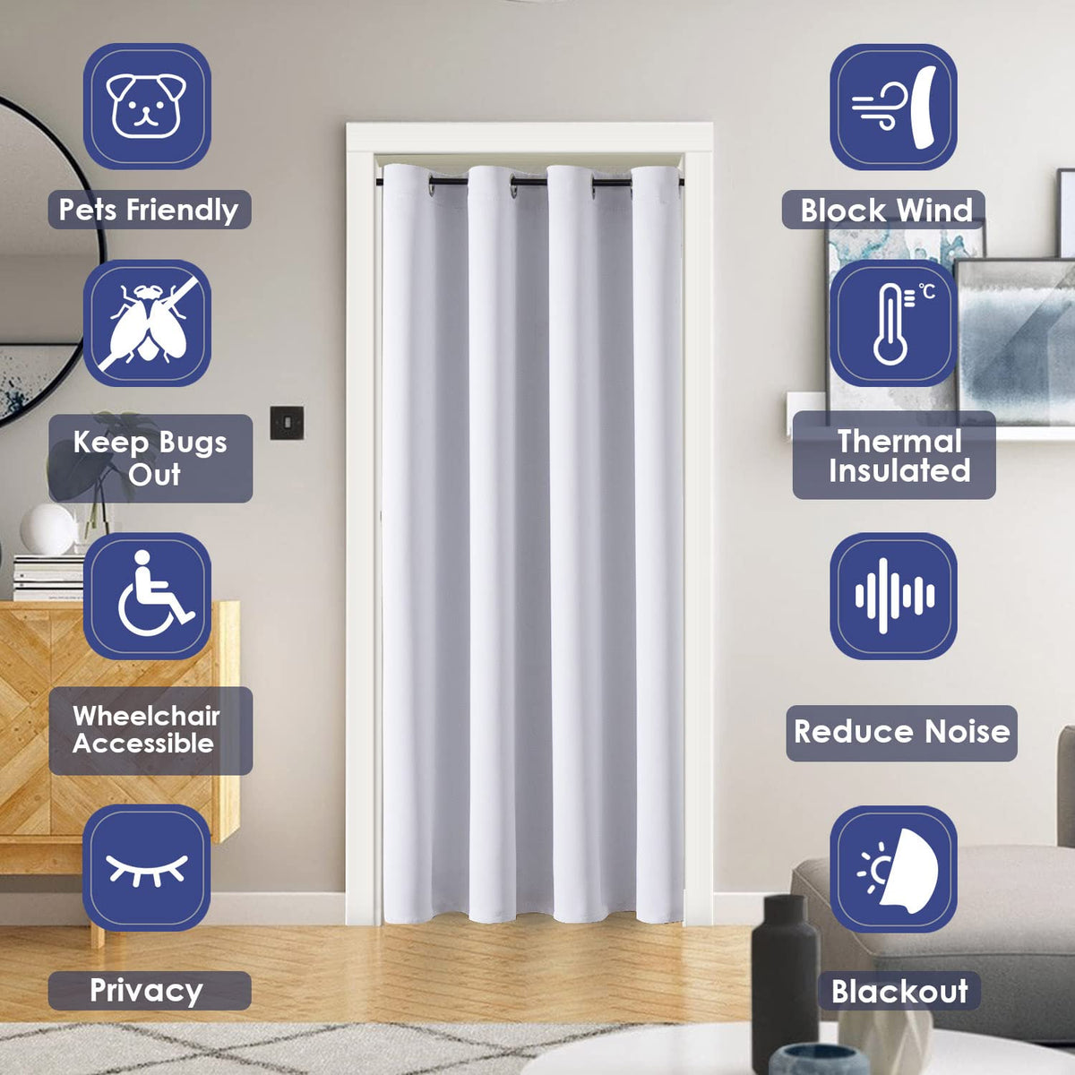 ChrisDowa door curtain with six metal grommets for smooth sliding.